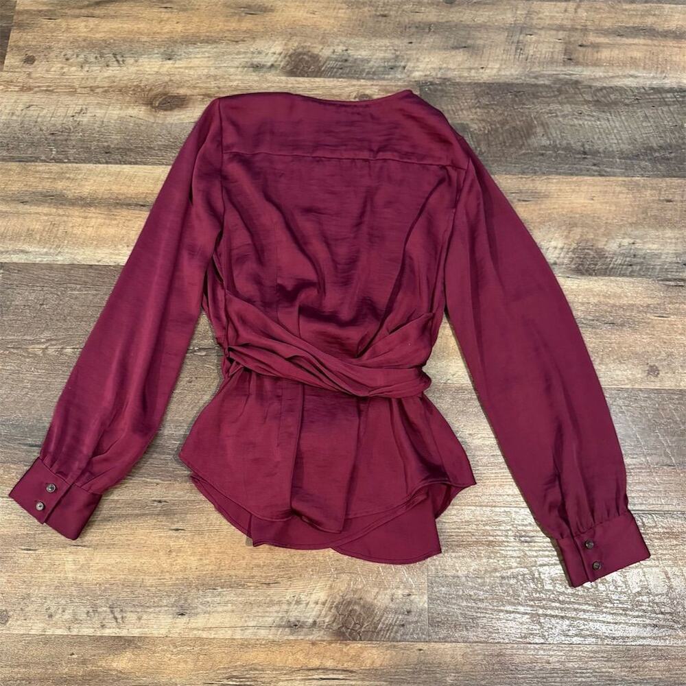 by Anthropologie Red Satin Wrap Blouse Size 6 V-Large Bow Glam Holiday READ - Picture 2 of 9